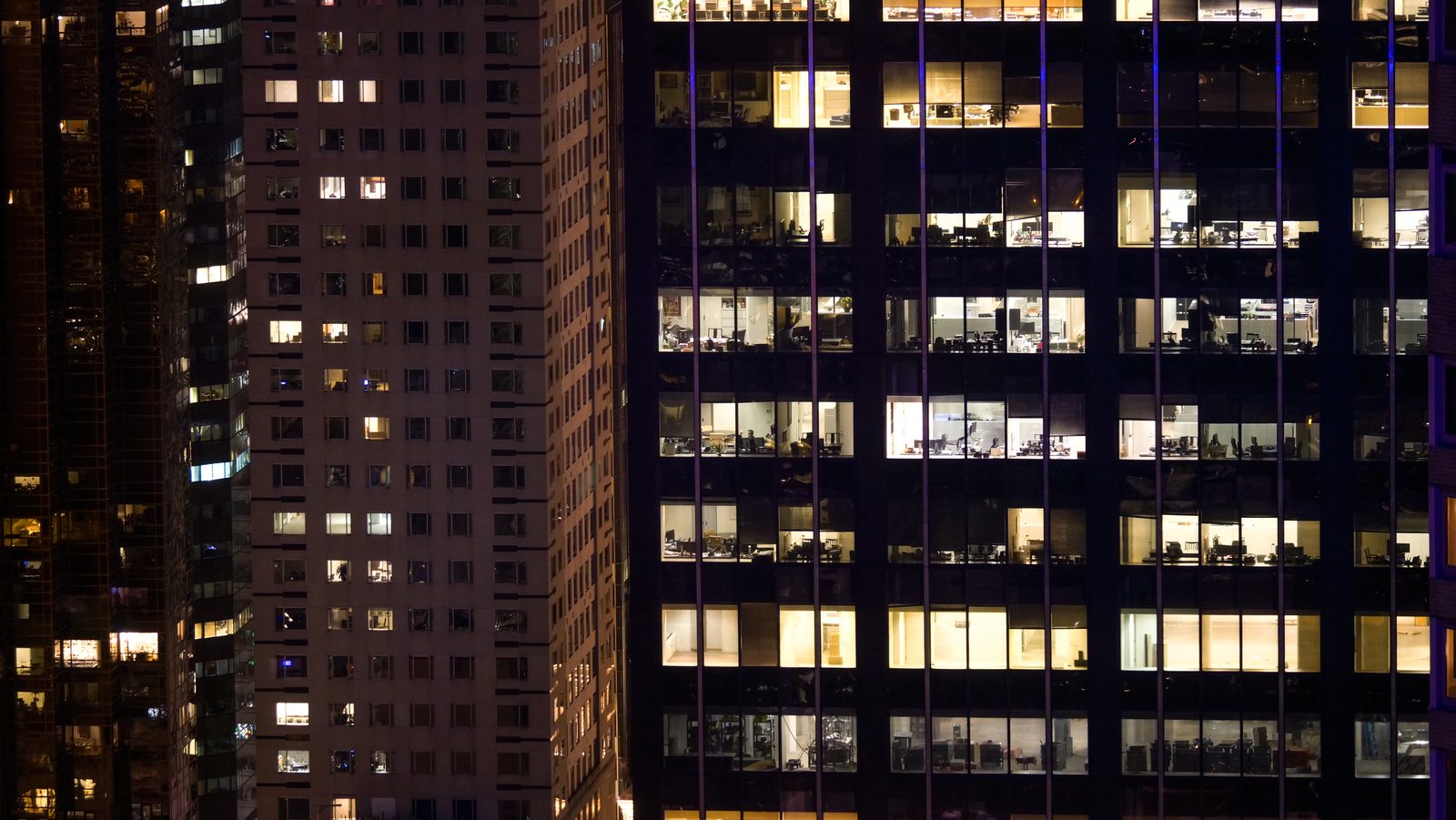 Empty corporate offices left lit up into the night